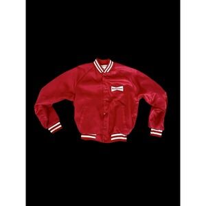 Vintage 70s Budweiser Red Satin Jacket Sz Small/Medium Cuffs Distressed